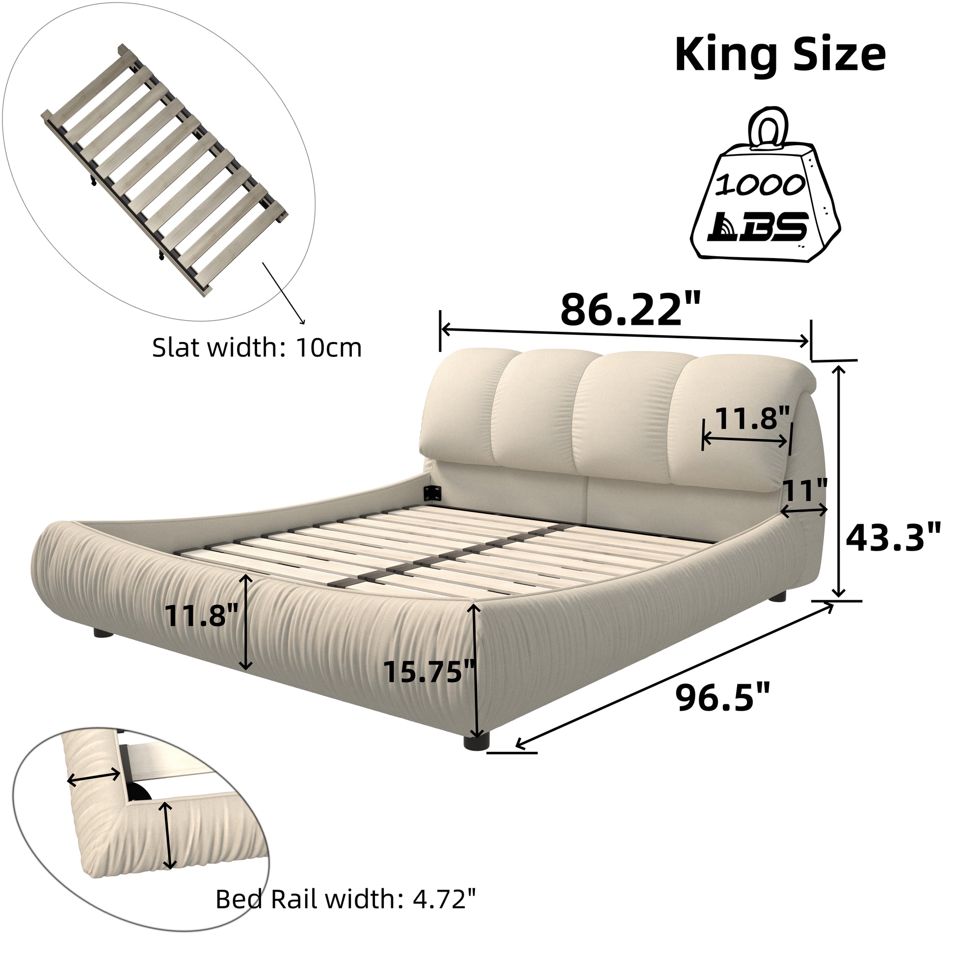 King size upholstered platform bed with padded headboard and wooden slats