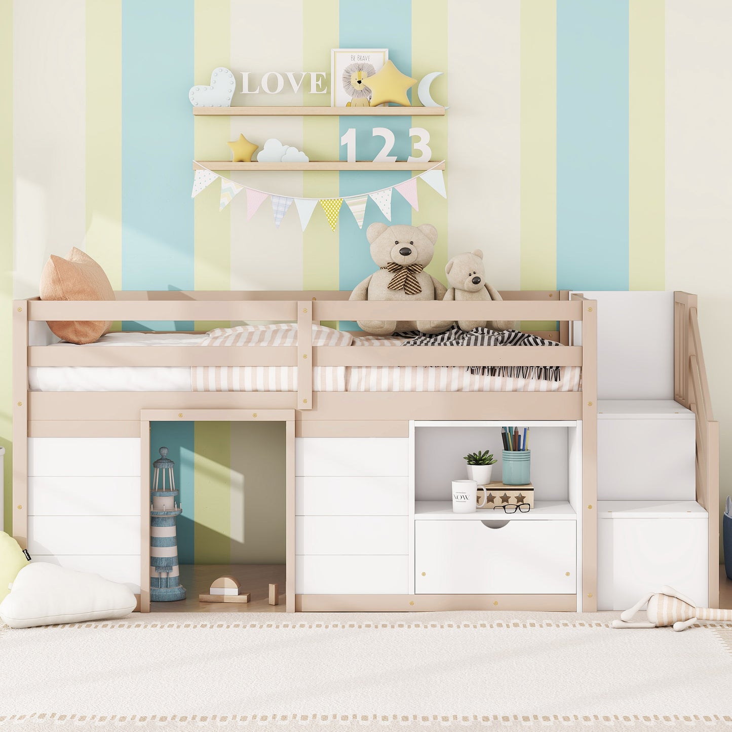 Light wood loft bed with white drawers and slide perfect for kids rooms