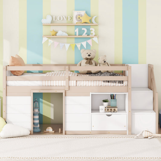Light wood loft bed with white drawers and slide perfect for kids rooms