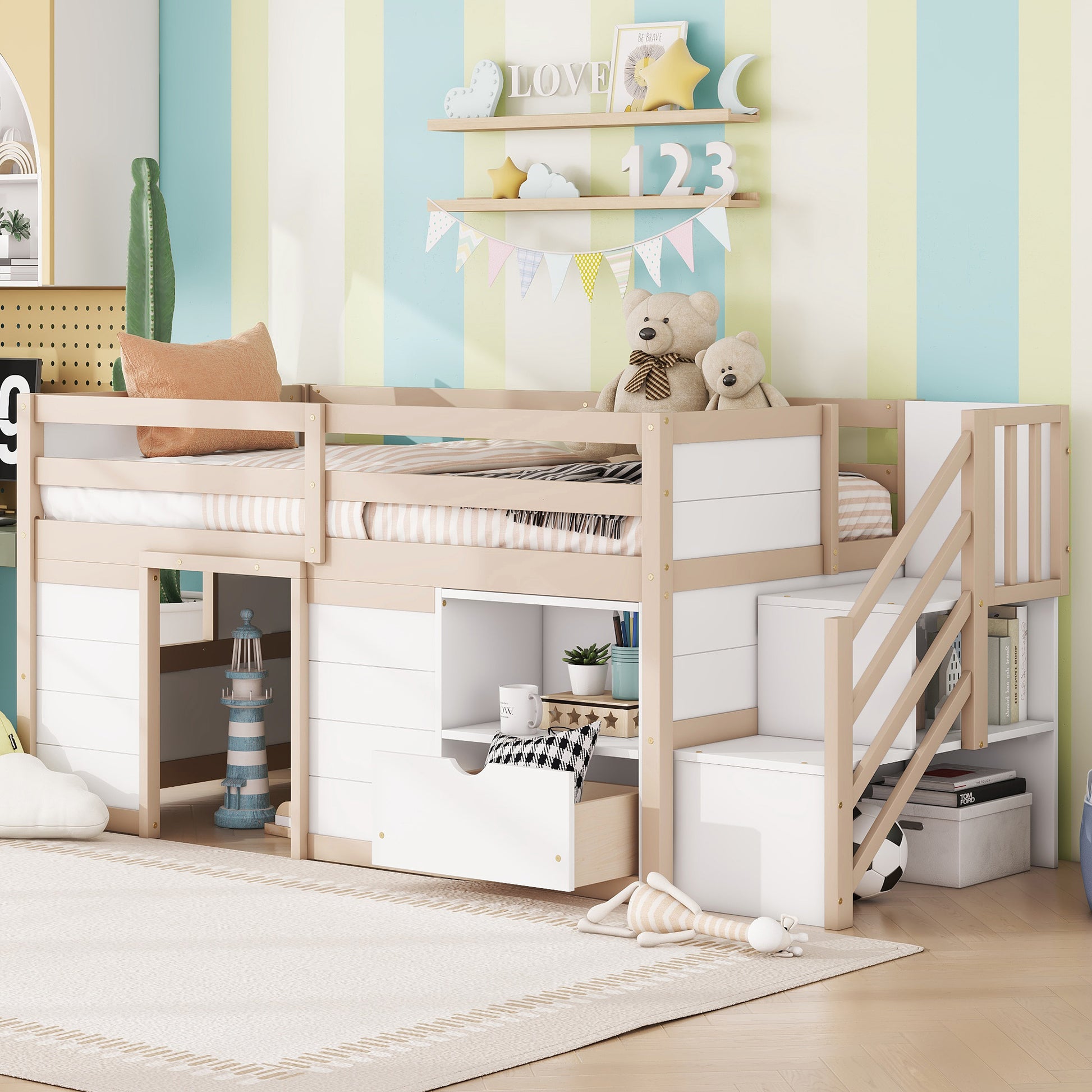 White and tan wood loft bed with integrated drawers and shelving for kids room