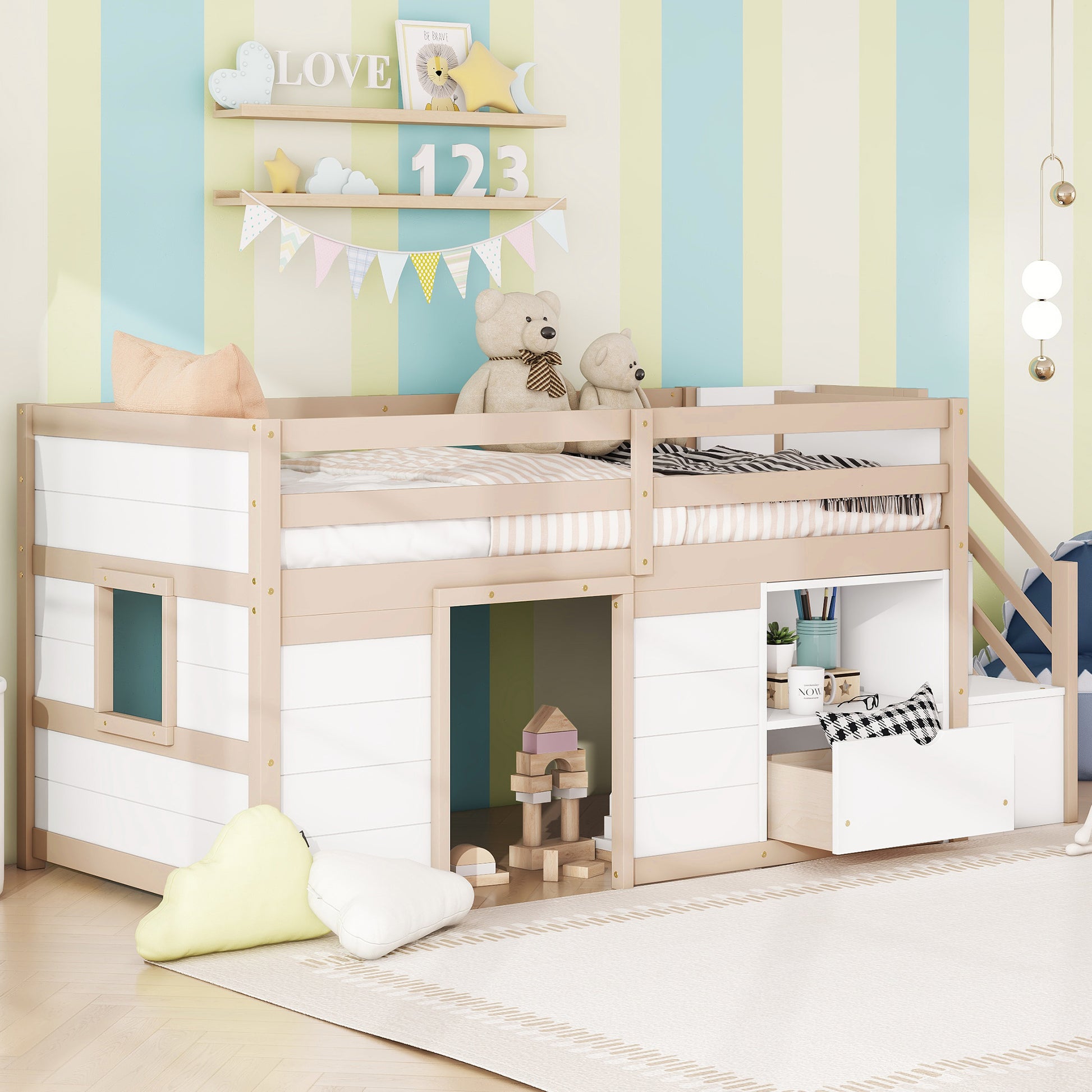 White and tan wood loft bed with playhouse