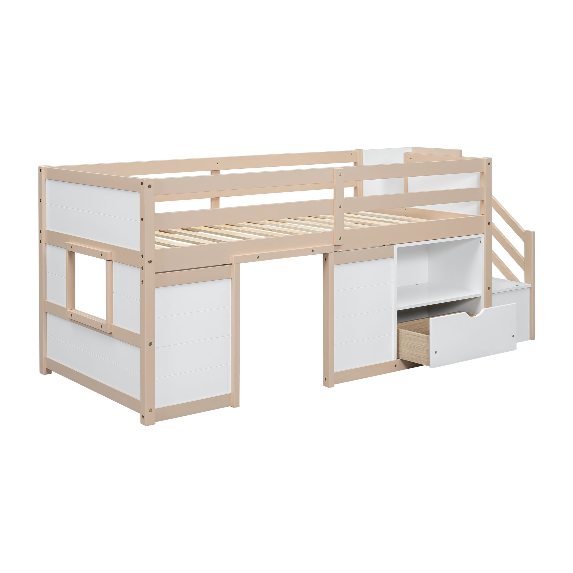 Low loft bed with stairs and storage drawers