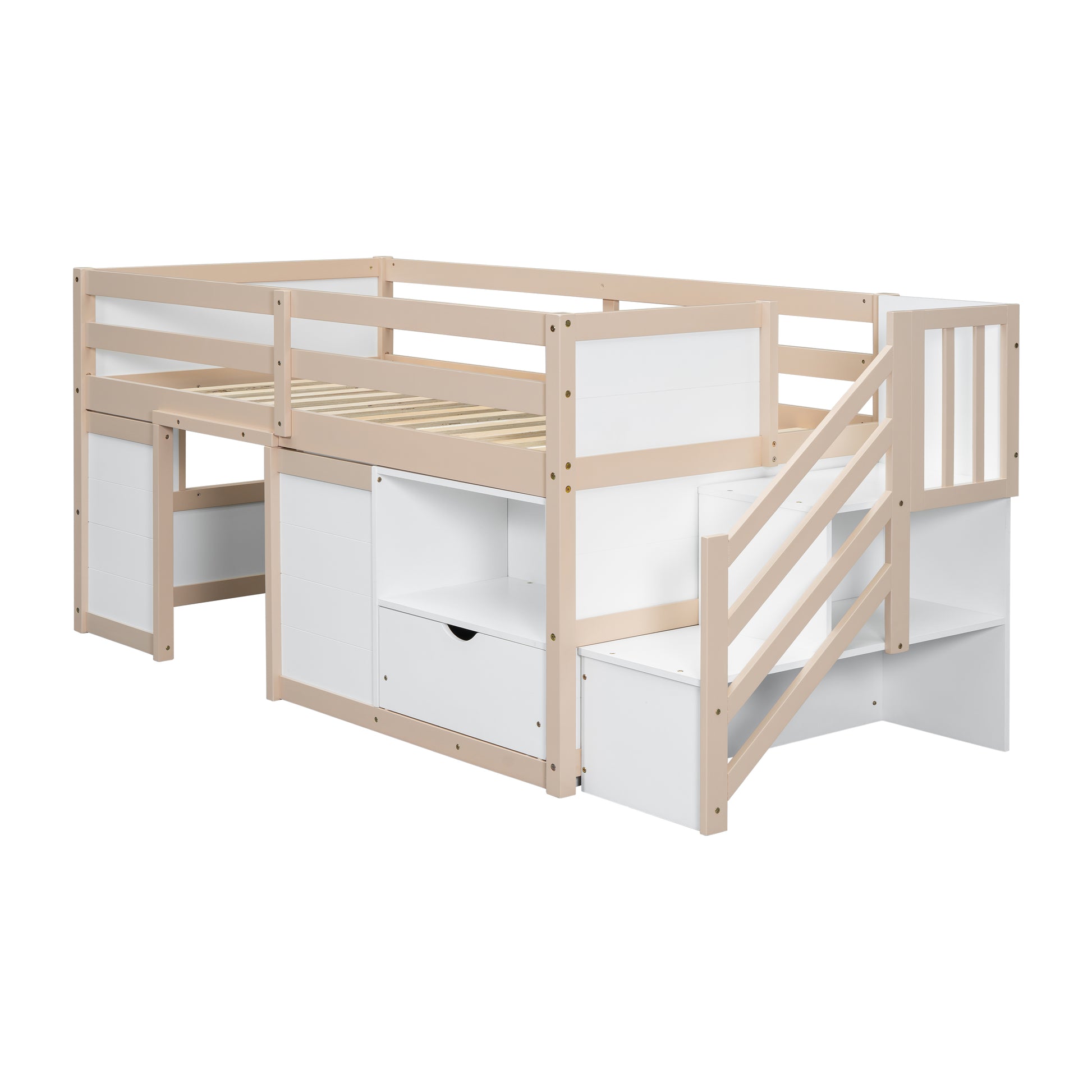 Natural wood and white loft bed with stairs and storage drawers