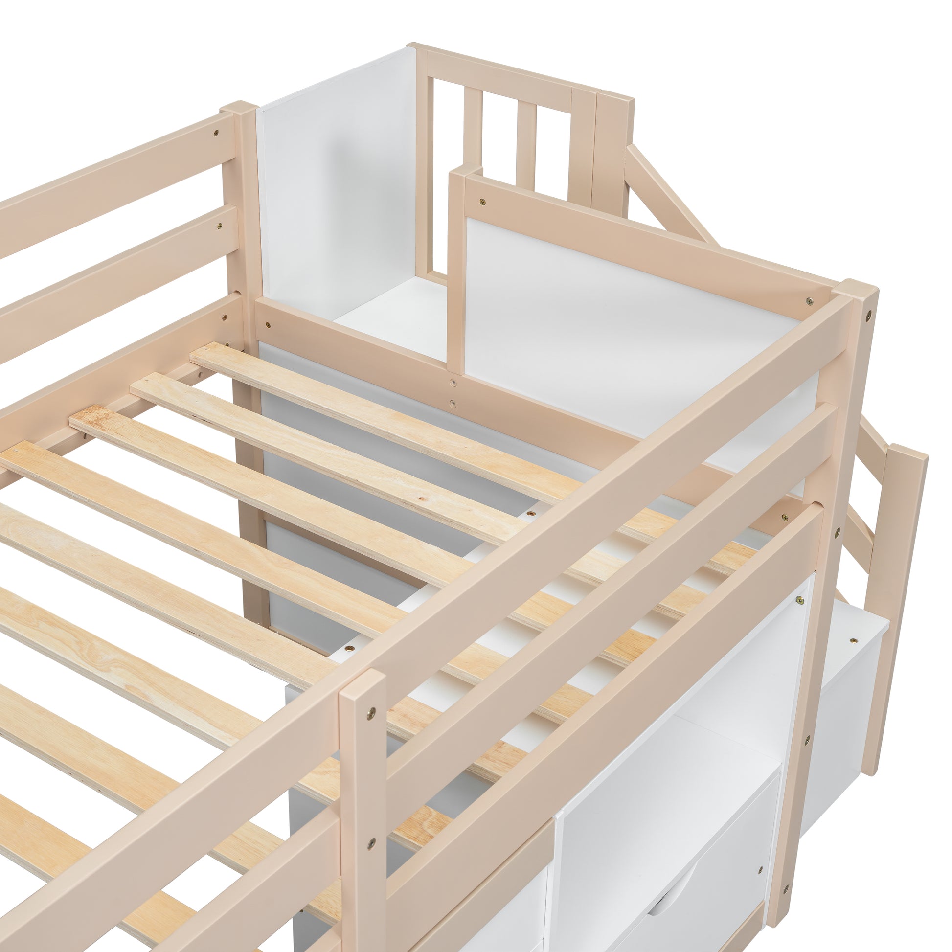 Light wood and white bunk bed frame with slatted base