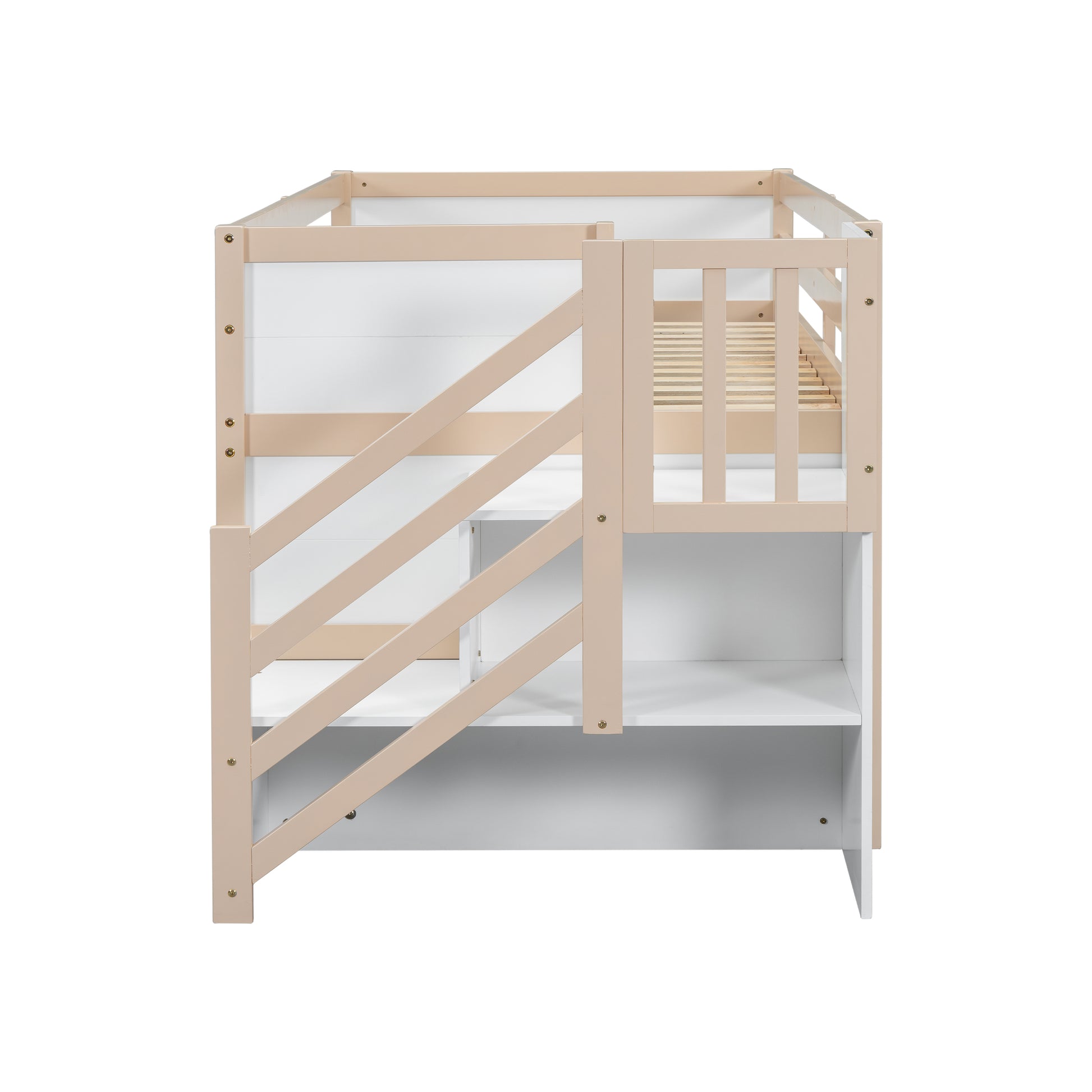 White and beige wooden loft bed with integrated steps and storage