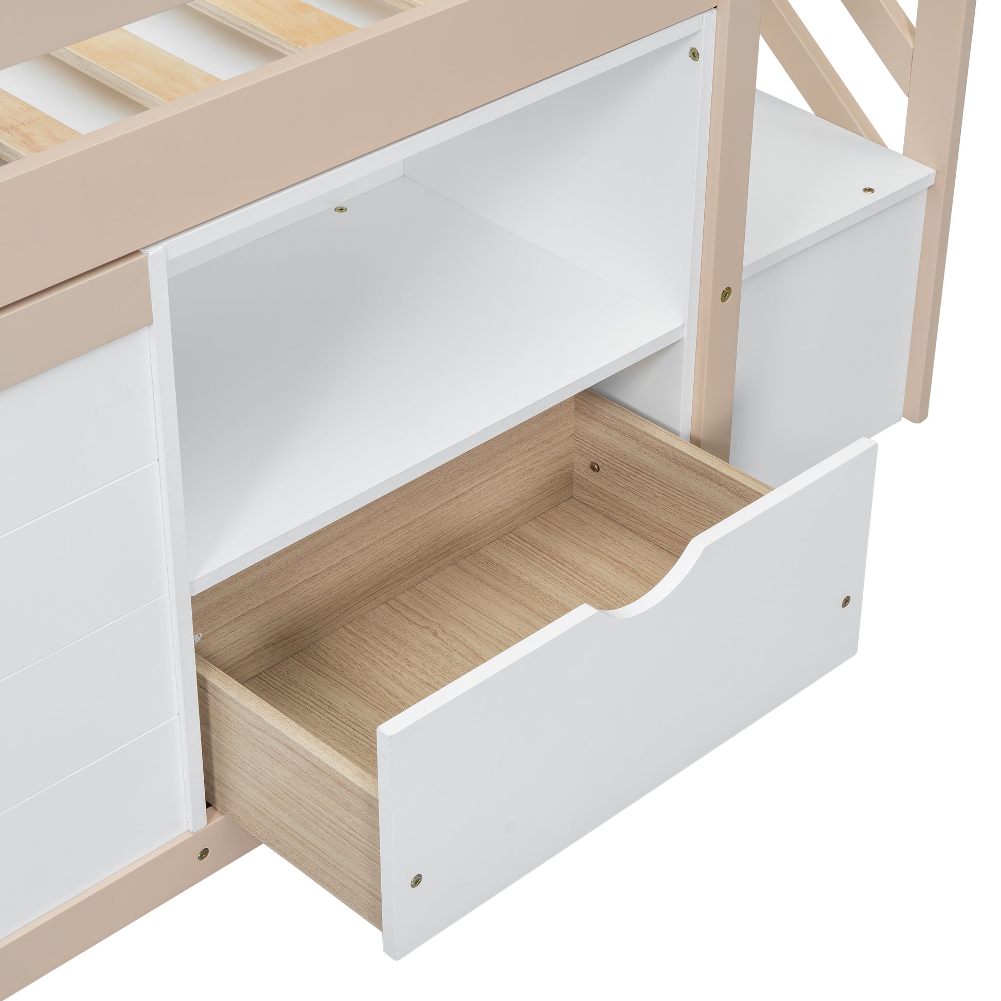 White loft bed drawer with wood grain interior