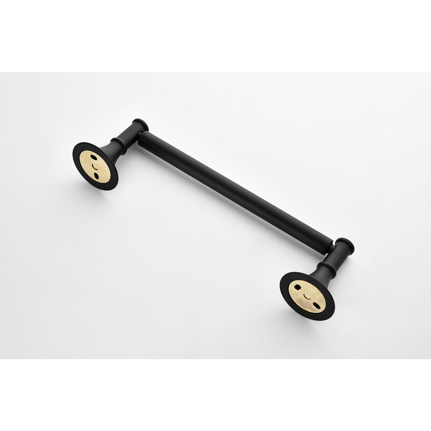 Matte black modern towel bar with brushed brass accents and circular mounts