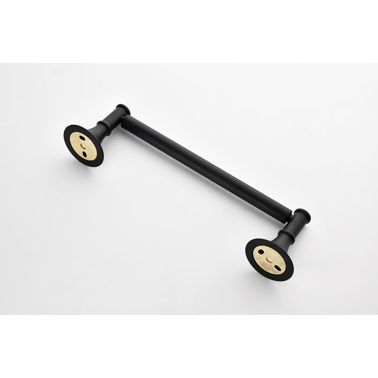 Matte black modern towel bar with brushed brass accents and circular mounts