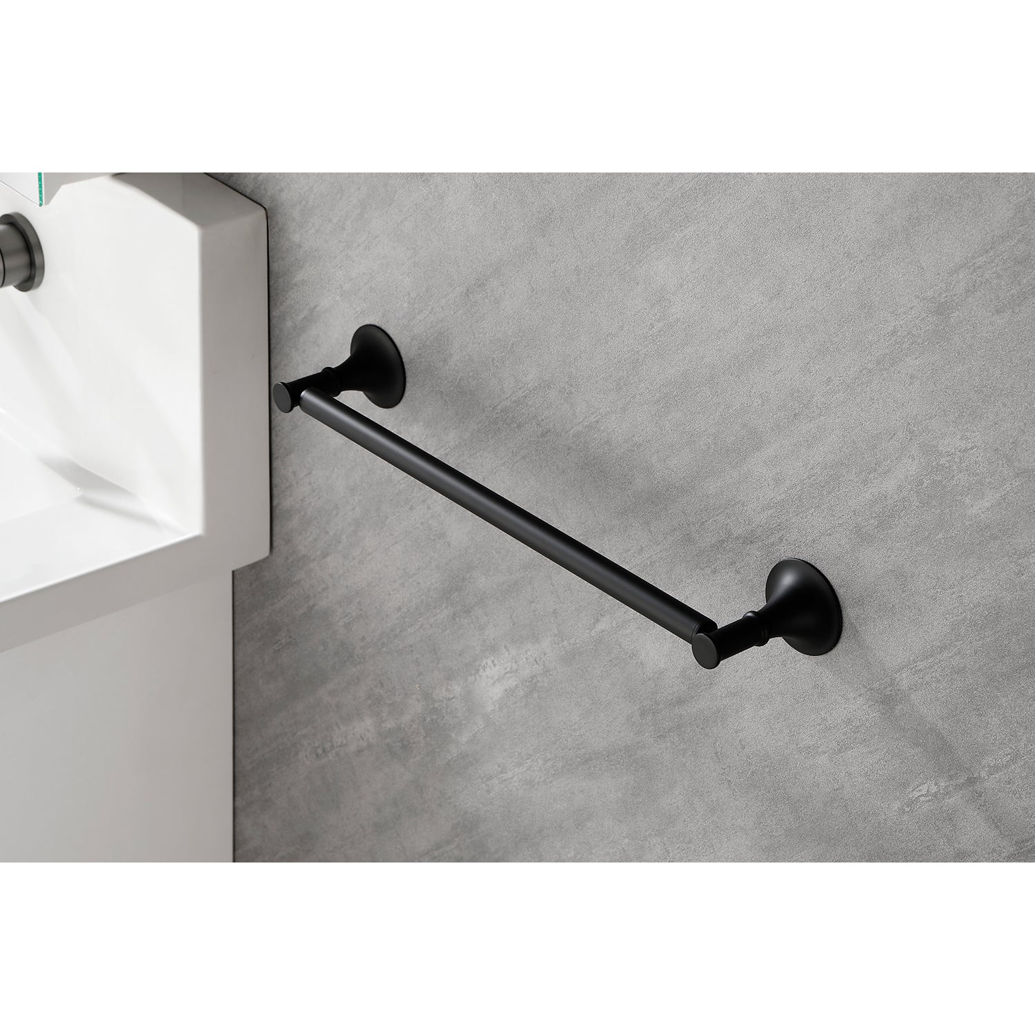 Matte black bathroom towel bar with elegant flared mounts designed for modern spaces