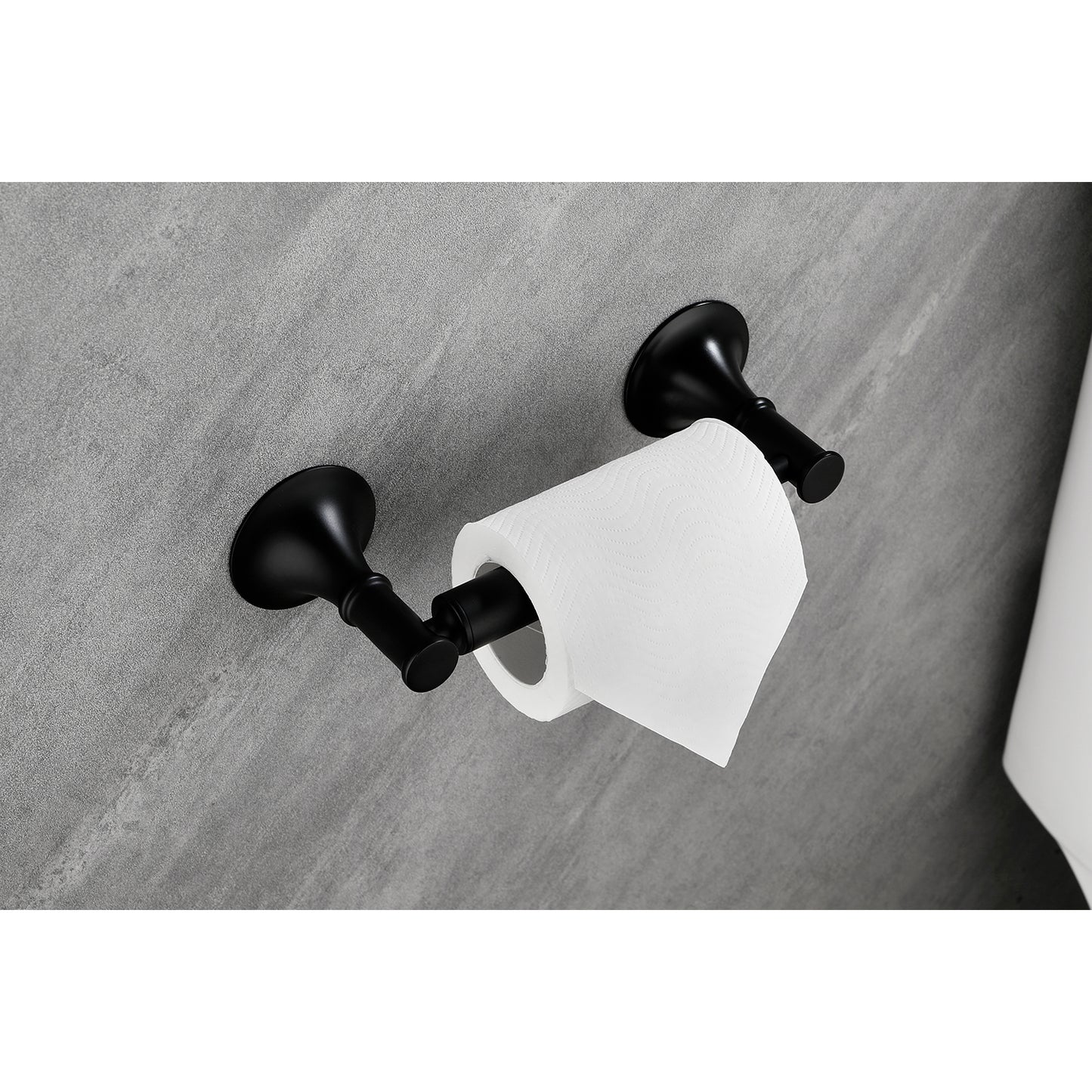 Modern matte black toilet paper holder with a classic design featuring elegant curves and a durable metal construction for any bathroom