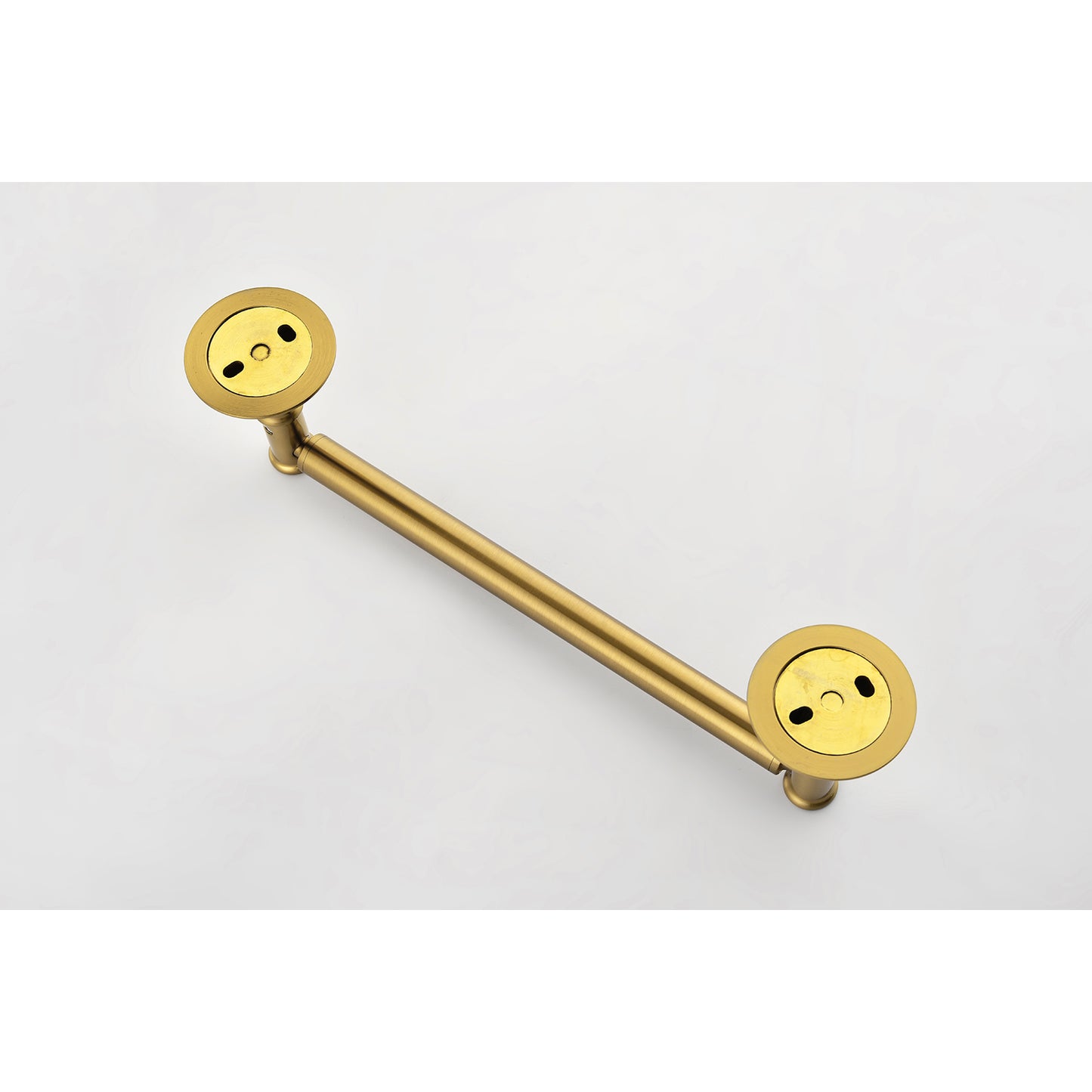Brushed brass bathroom grab bar with dual circular mounting plates and a modern design
