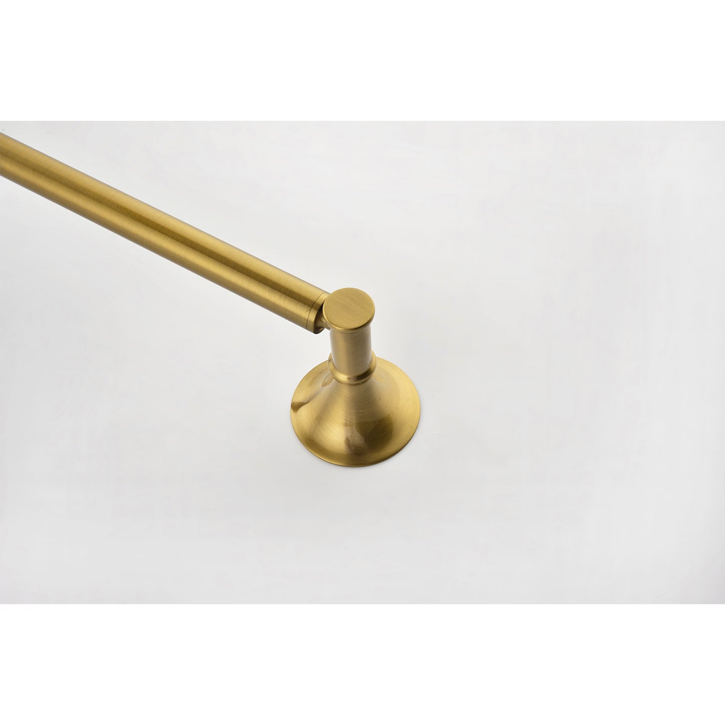 Brushed brass bathroom towel bar with a flared mounting base on a white background