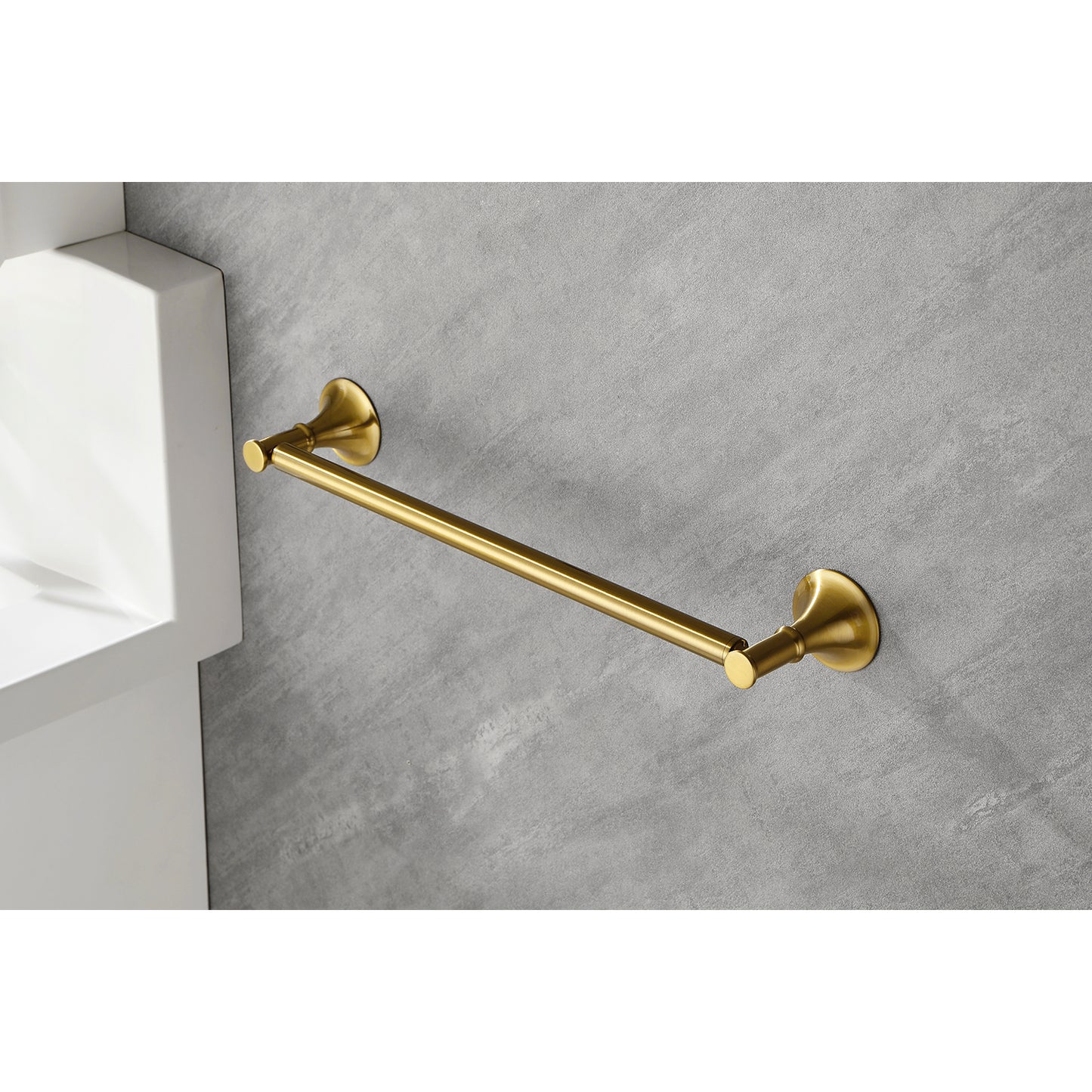 Elegant brushed brass towel bar with flared mounting brackets for bathroom decor
