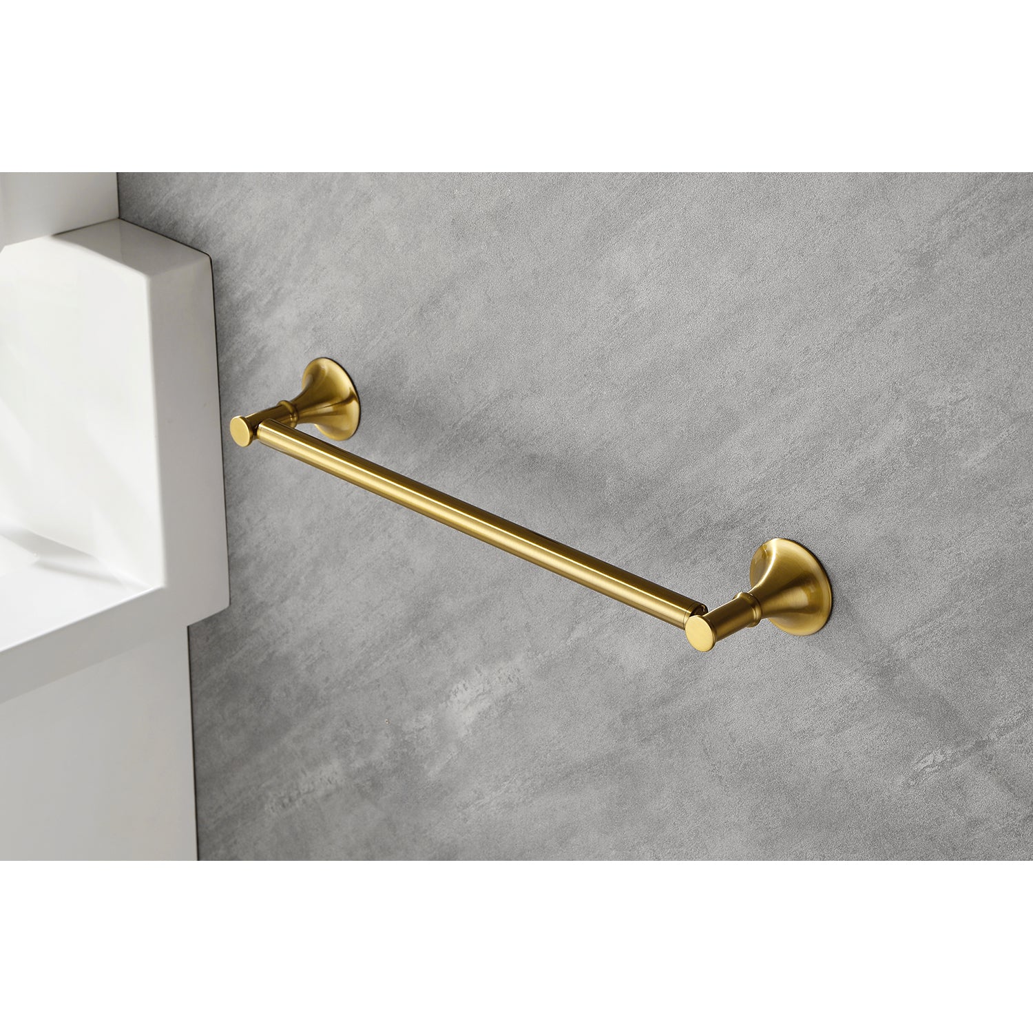 Elegant brushed brass towel bar with flared mounting brackets for bathroom decor