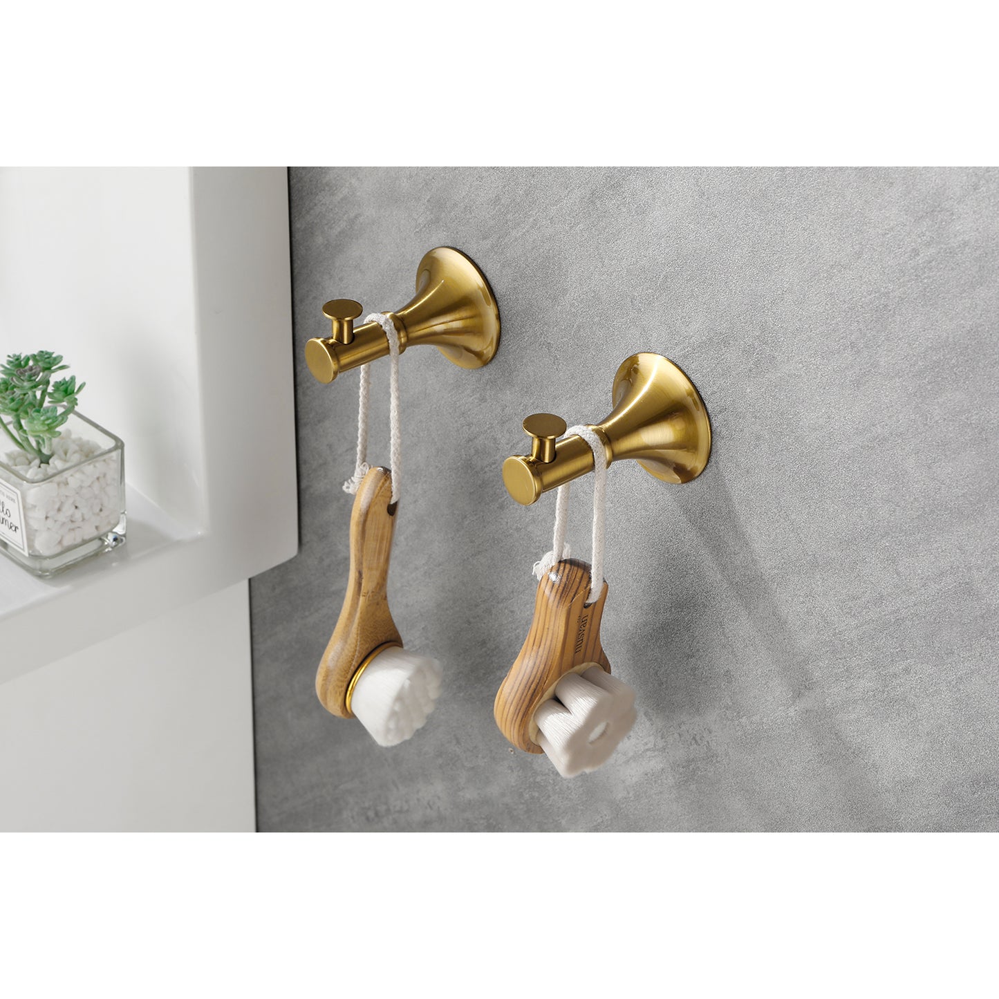 Antique brass wallmounted toothbrush holder with wooden handle brush for bathroom organization