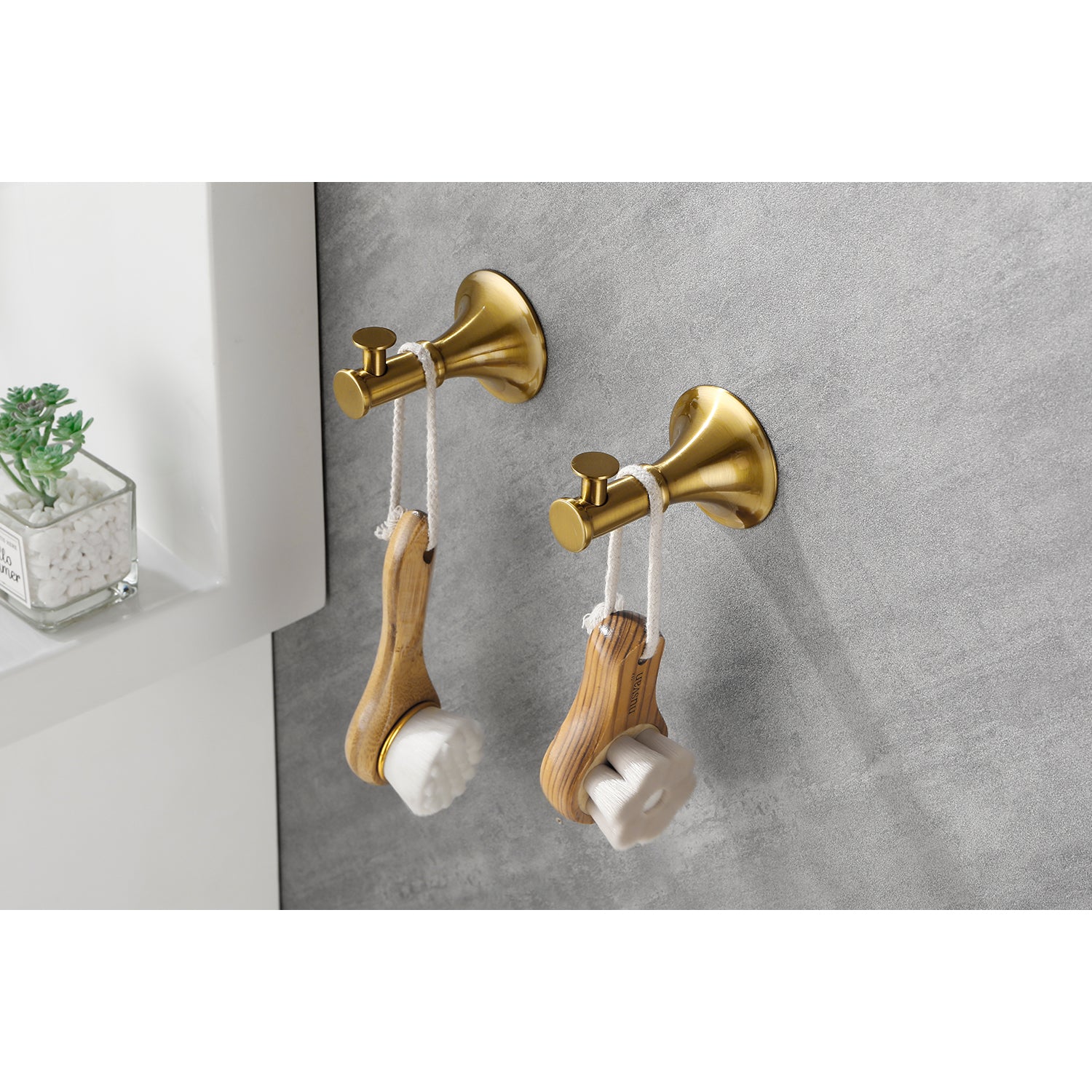 Antique brass wallmounted toothbrush holder with wooden handle brush for bathroom organization