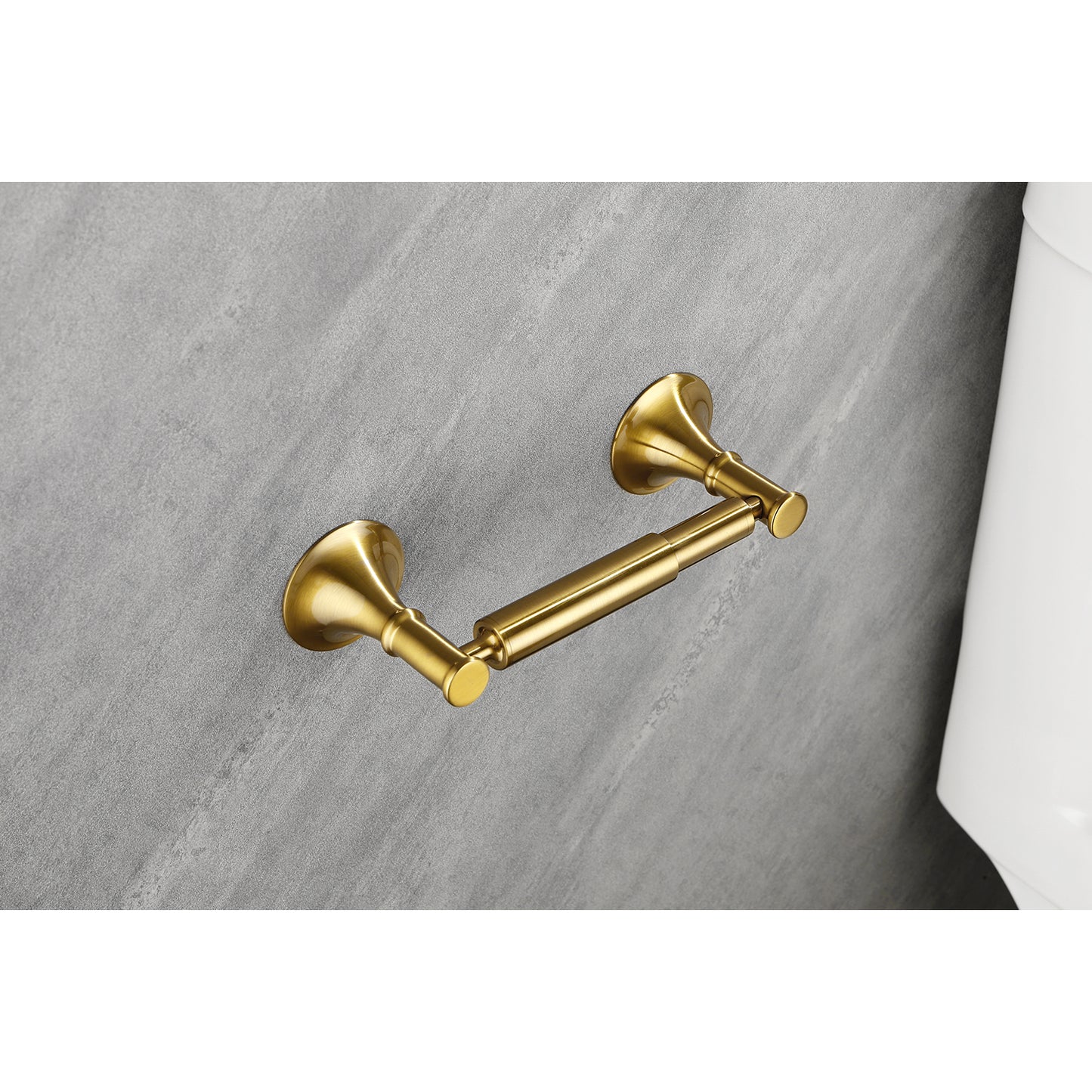 Antique brass wallmounted toilet paper holder with ornate detailing and a brushed finish