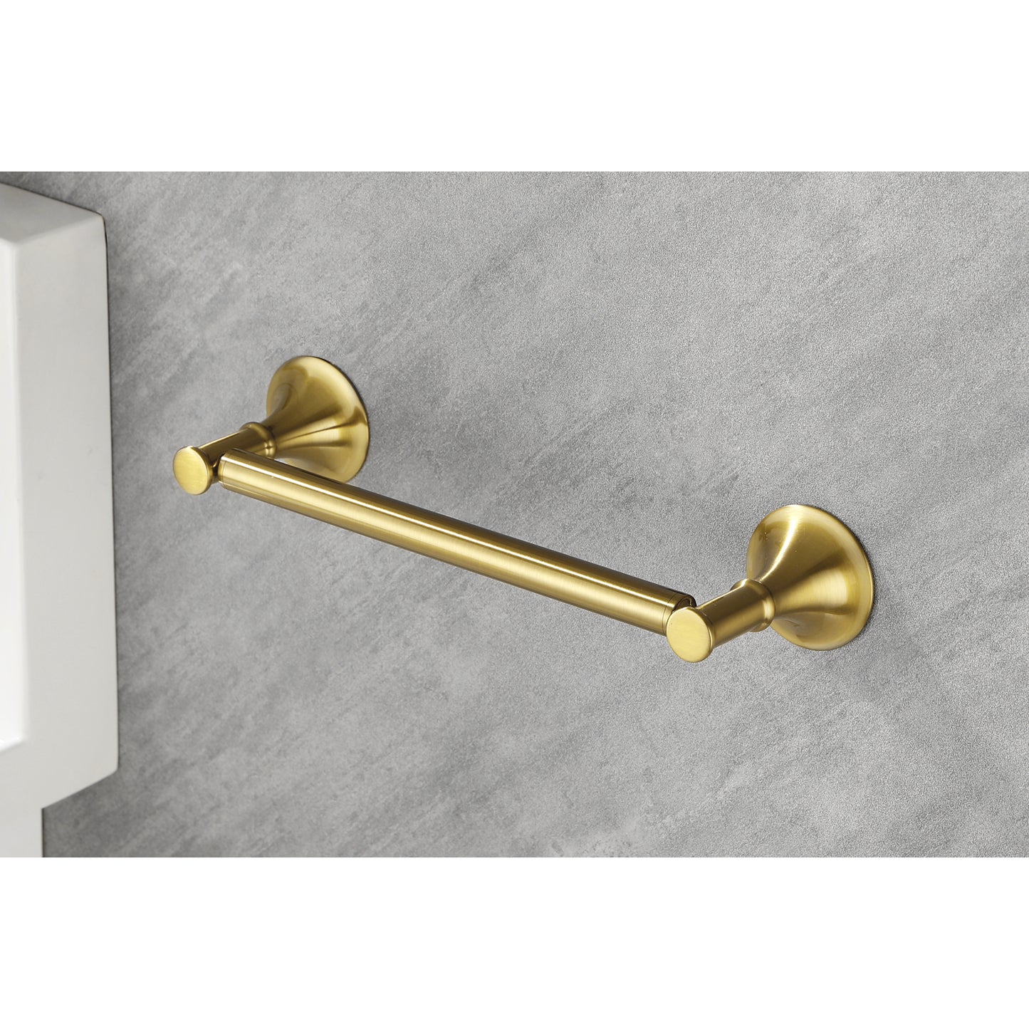 Brushed brass wallmounted towel bar with a sleek modern design for bathroom use