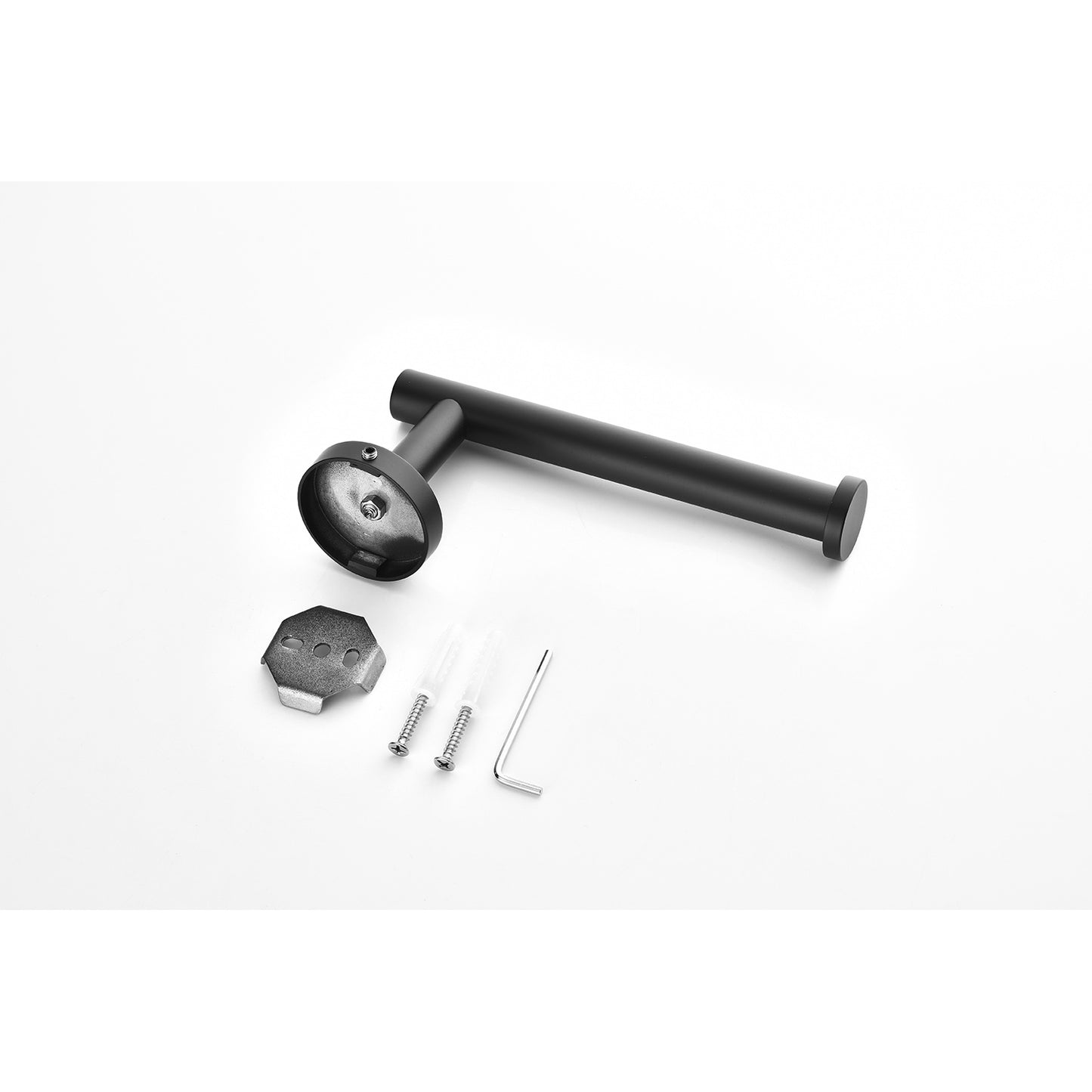Sleek black metal toilet paper holder with mounting hardware for modern bathrooms