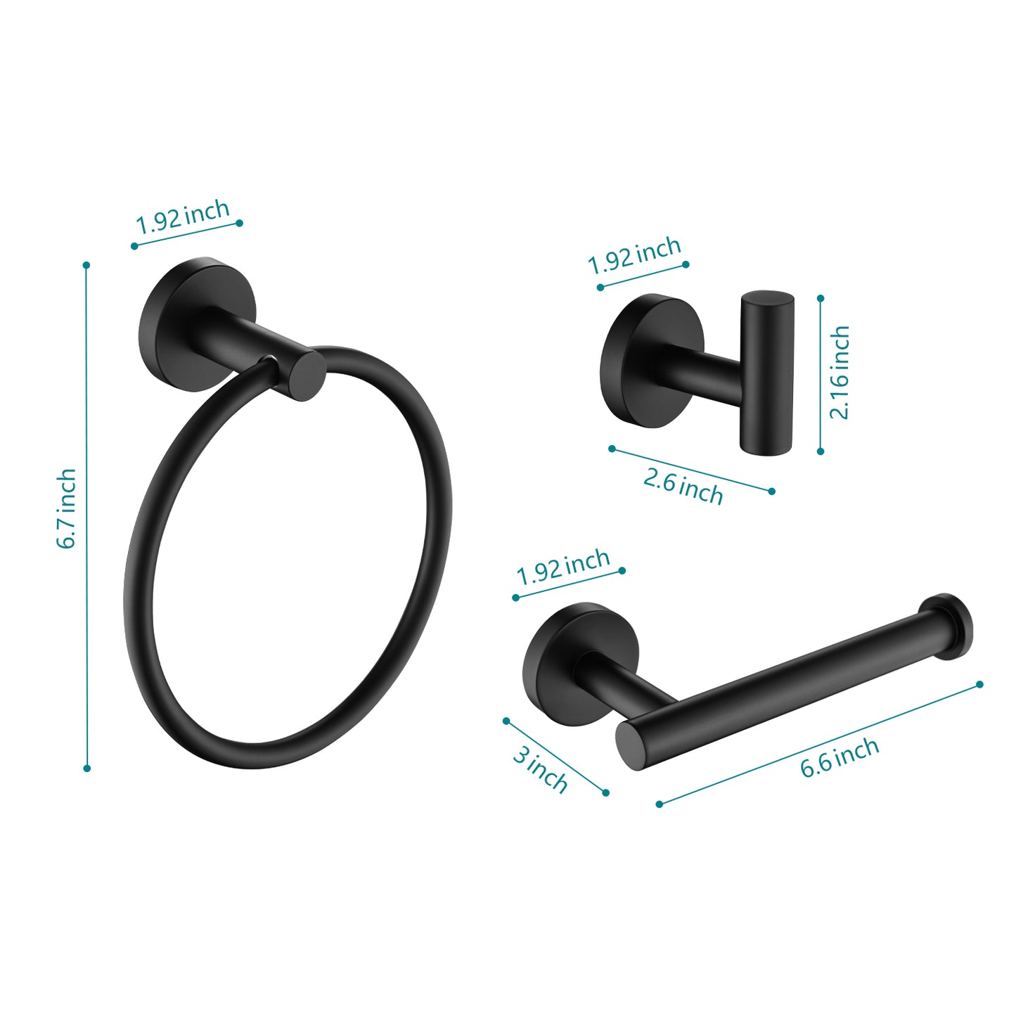 Black modern towel ring set with hook and toilet paper holder