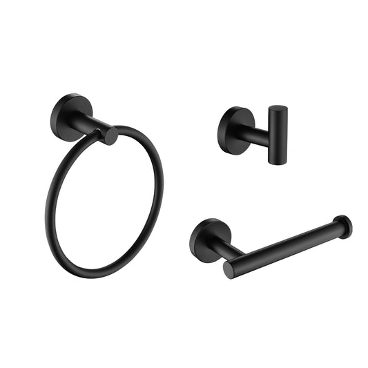 Set of  matte black modern bathroom hardware towel ring toilet paper holder and robe hook