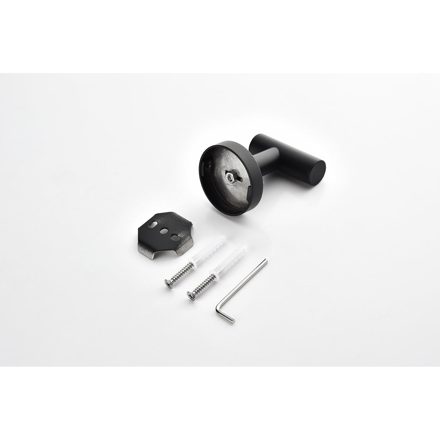 Black modern towel hook with included mounting hardware screws anchors Allen key