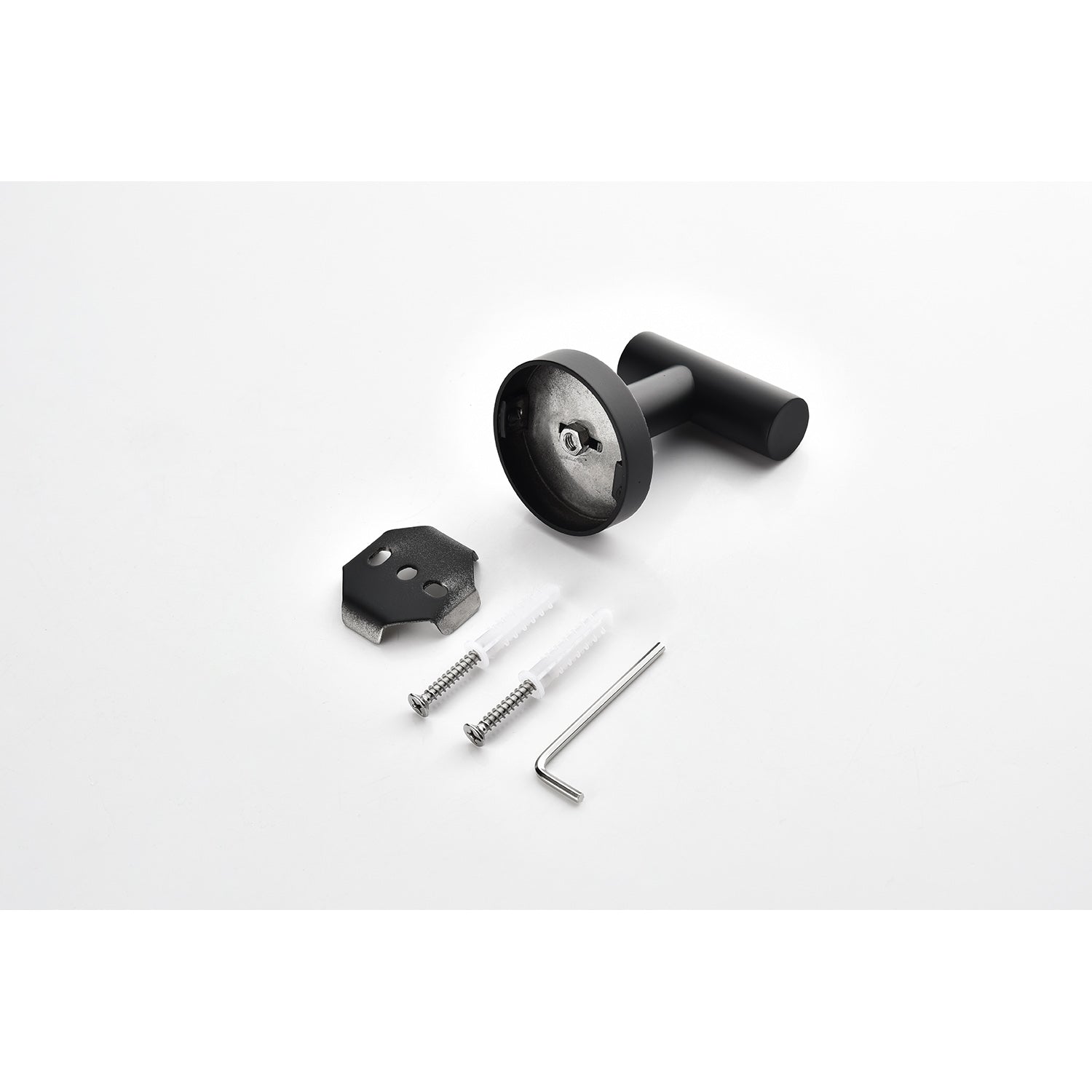 Black modern towel hook with included mounting hardware screws anchors Allen key