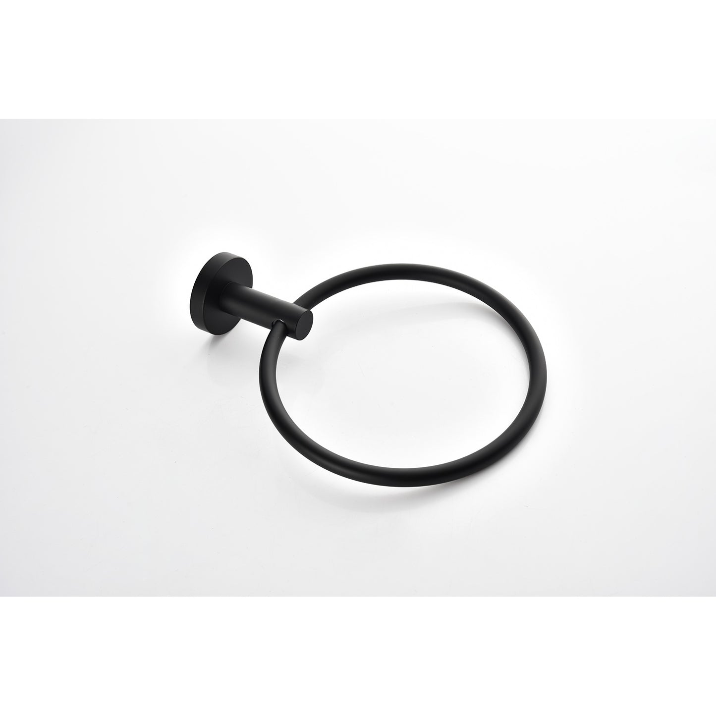 Modern black metal towel ring with a minimalist circular design for bathrooms