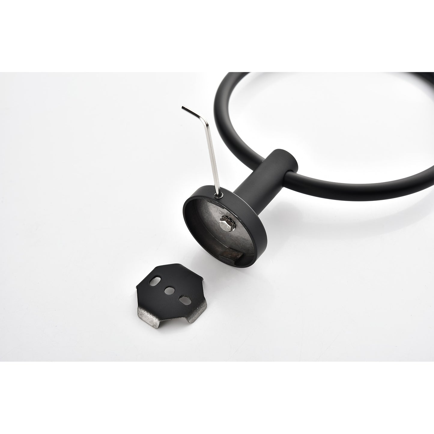 Modern black round towel ring with matte finish and mounting hardware included