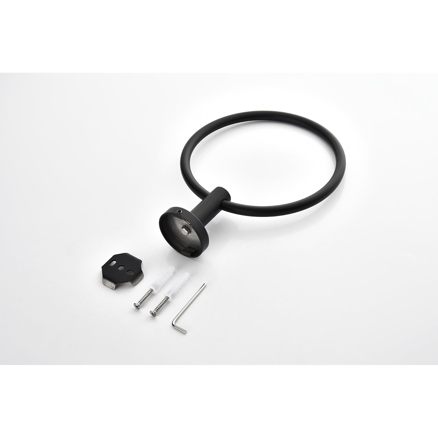 Black modern metal round towel ring with mounting hardware