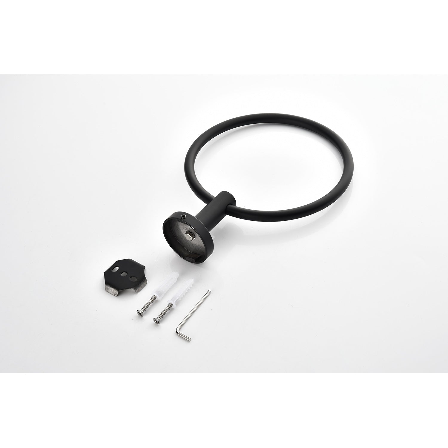Black modern metal round towel ring with mounting hardware