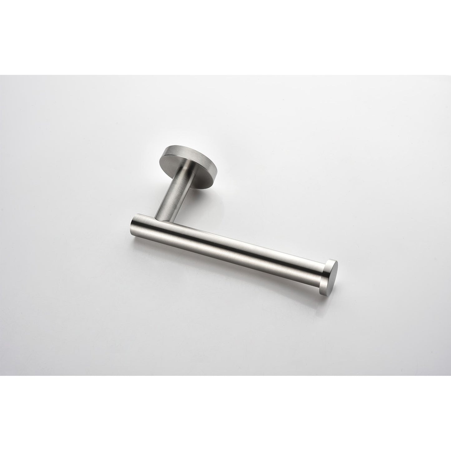 Brushed stainless steel toilet paper holder with a modern minimalist design for bathrooms