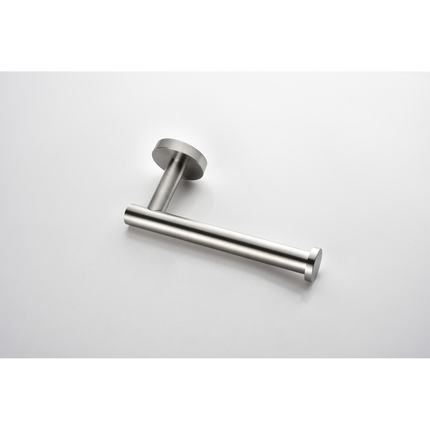Brushed stainless steel toilet paper holder with a modern minimalist design for bathrooms