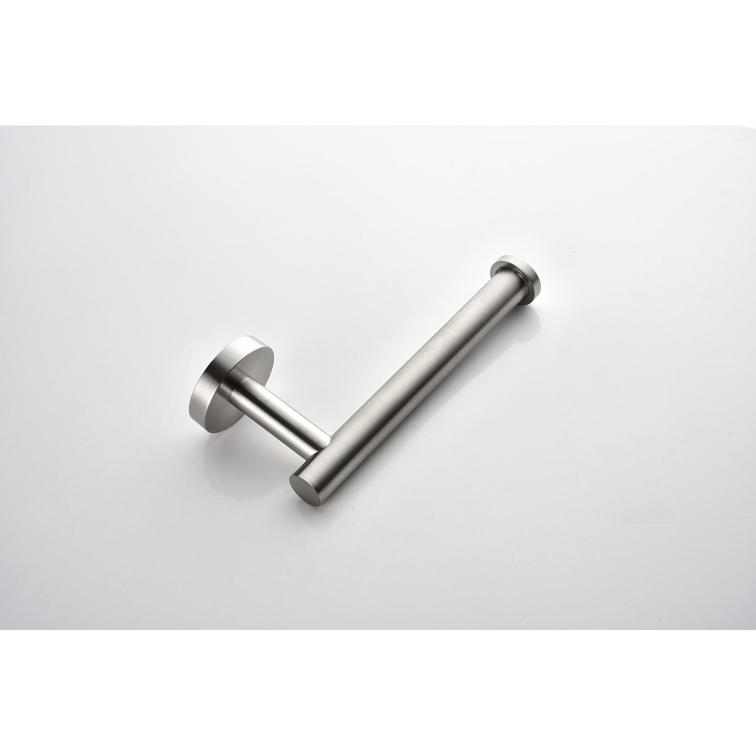 Sleek brushed nickel toilet paper holder with modern minimalist design