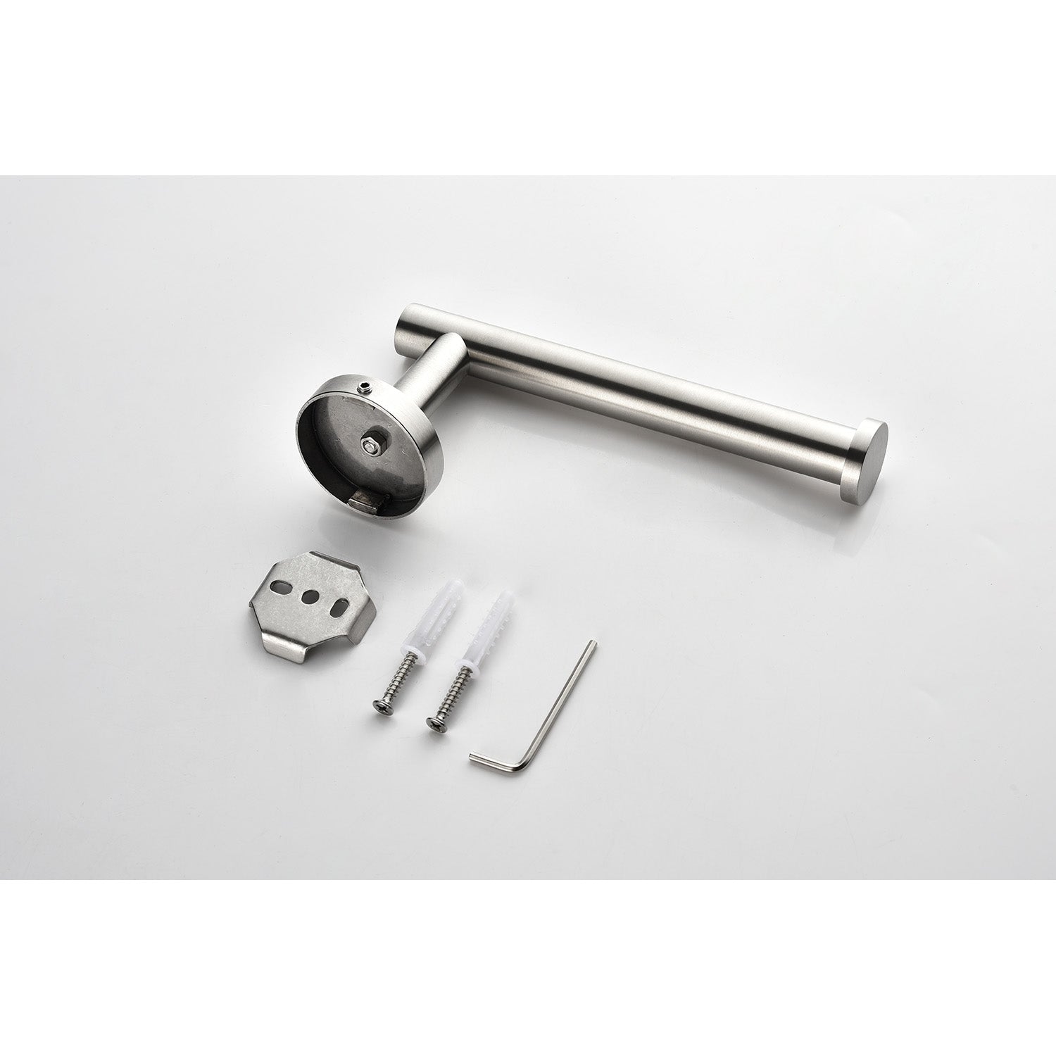 Brushed nickel toilet paper holder with mounting hardware