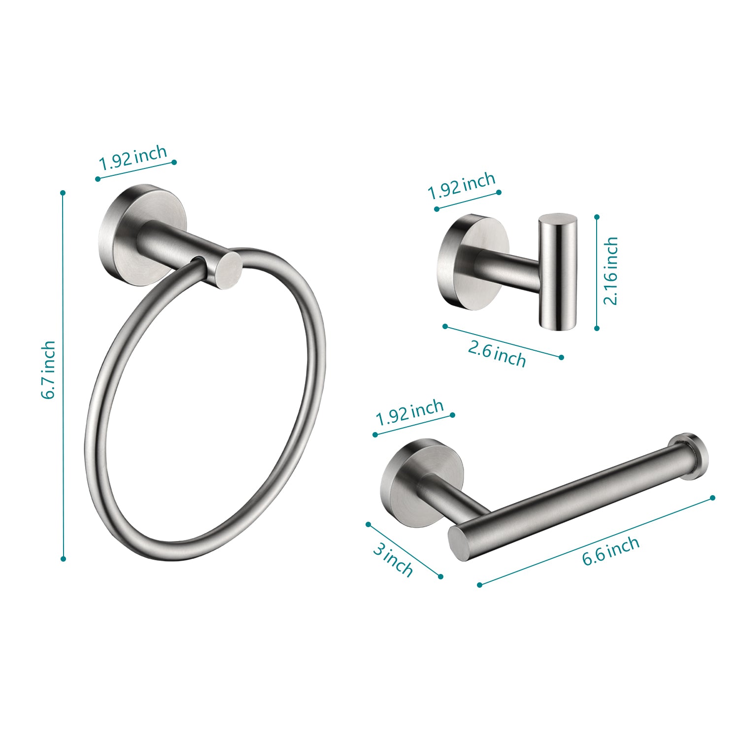 Brushed nickel towel ring with dimensions shown ideal for bathrooms