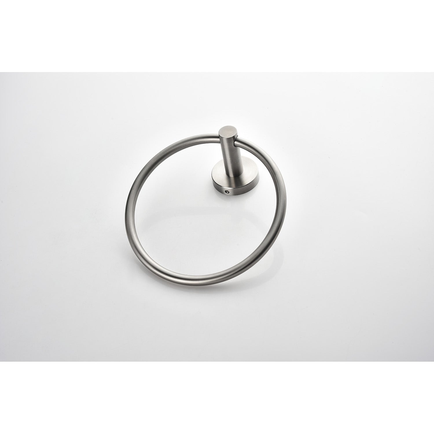 Brushed nickel wallmounted towel ring with a sleek modern design for bathroom use