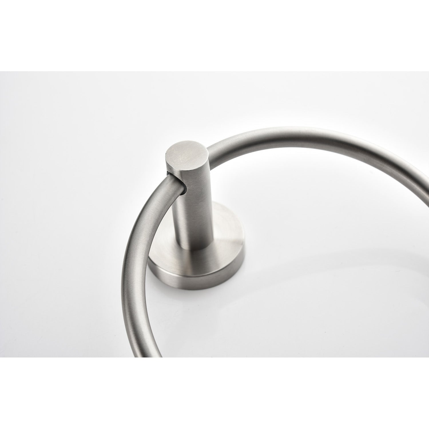 Brushed nickel round towel ring with a minimalist design for modern bathrooms