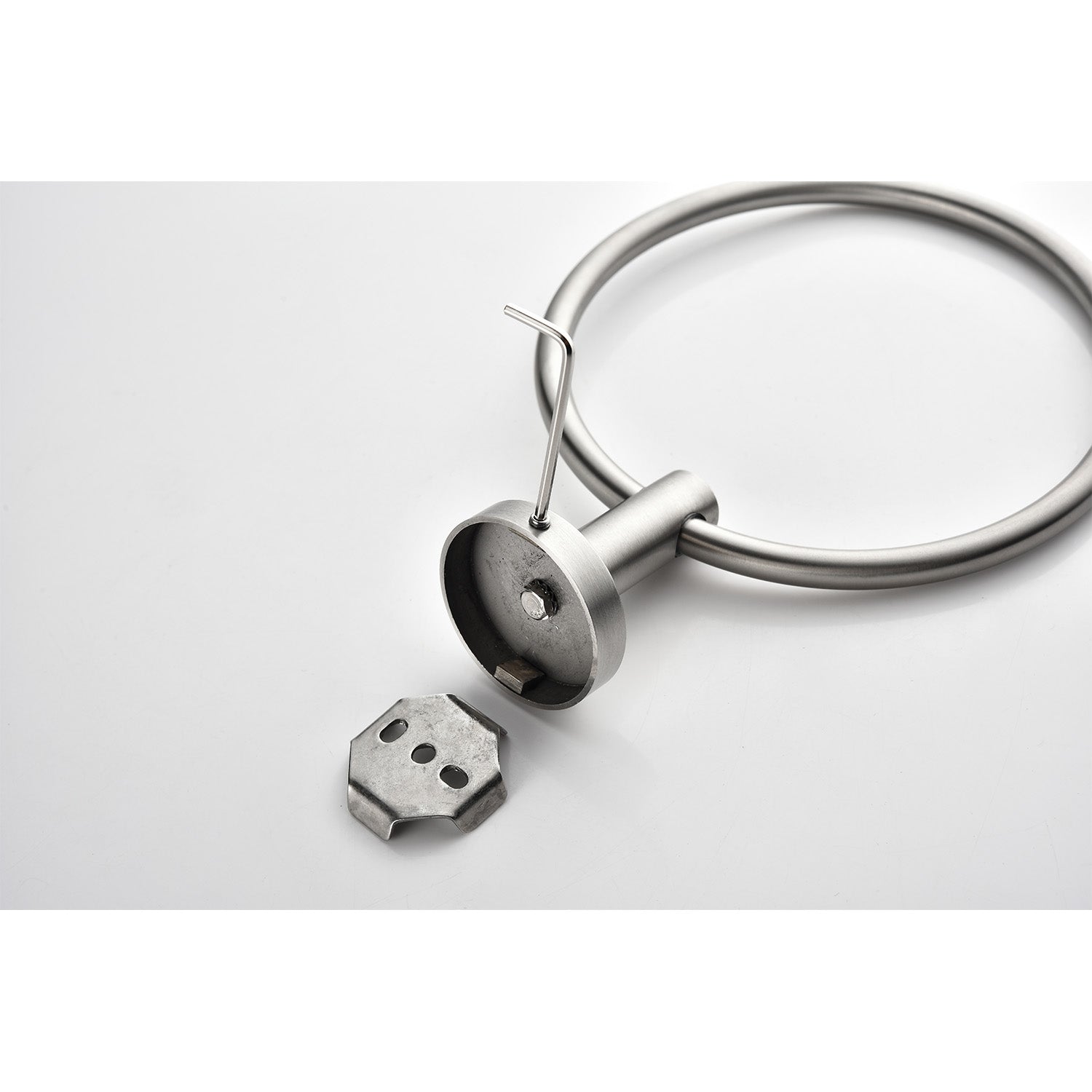 Brushed nickel towel ring with wall mount hardware and hex key