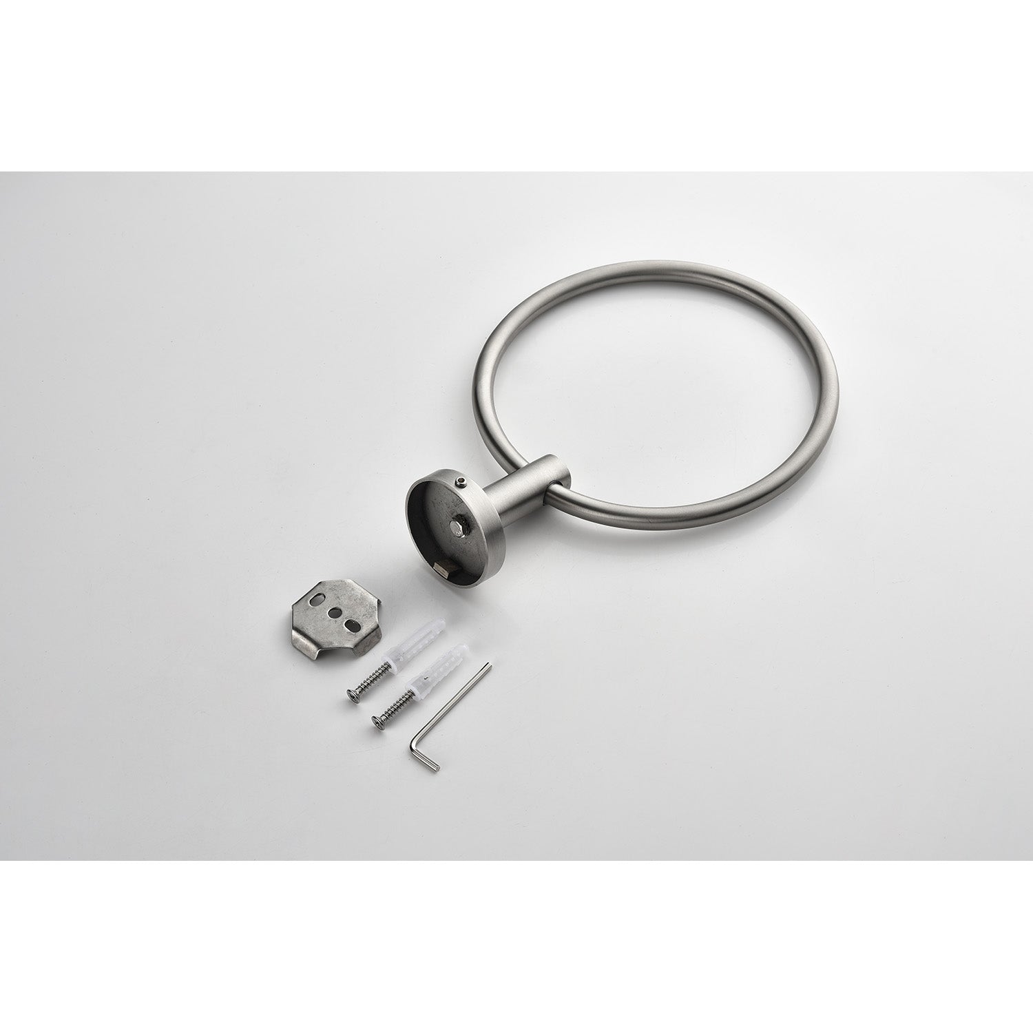 Brushed nickel modern towel ring with mounting hardware included