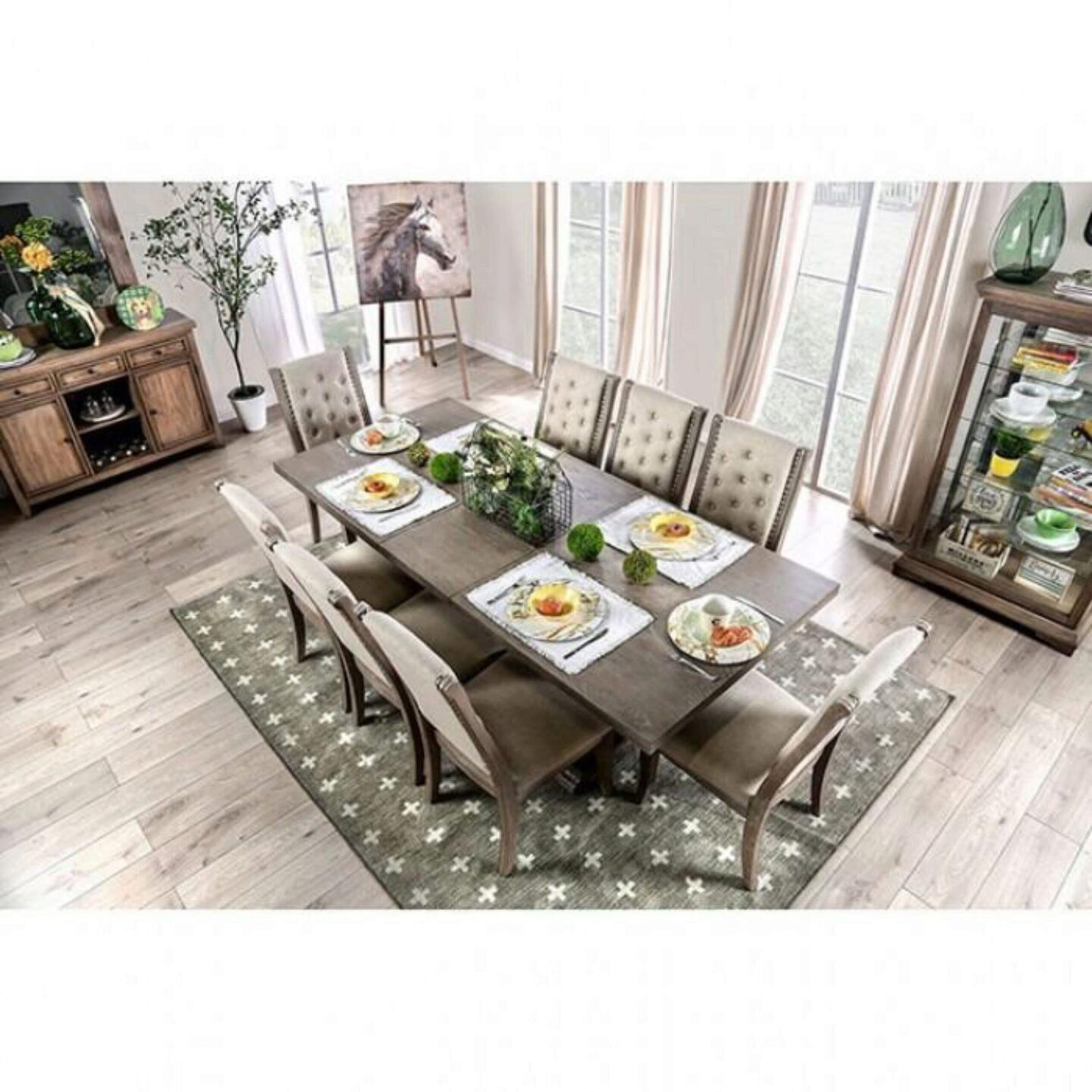 Rustic farmhouse dining table set with upholstered chairs