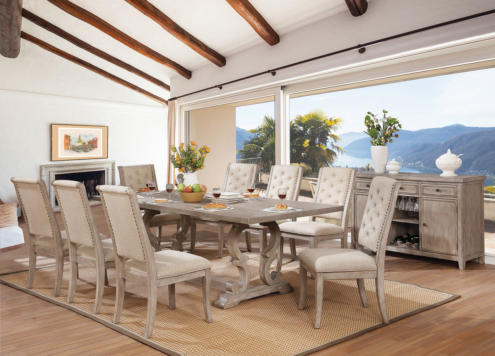 Rustic grey oak dining table with carved pedestal base