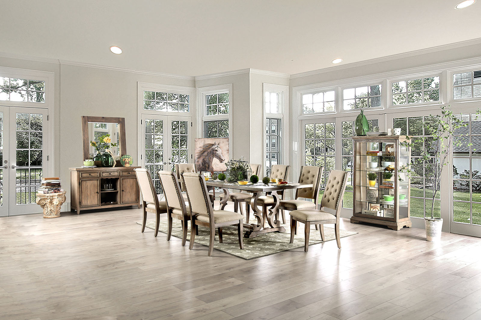 Tufted upholstered dining chairs surrounding a rustic wood dining table with a horse painting