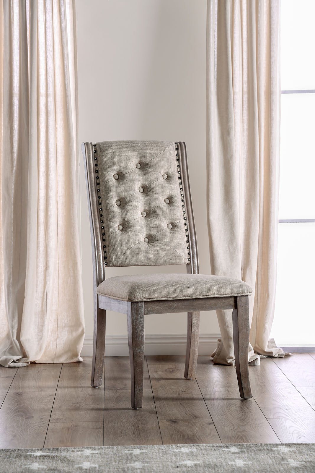 TREATLIFE HOME Set of 2 Dining Chairs with Button Tufted Back and Nailhead Trim, Rustic Natural Tone, Beige Fabric