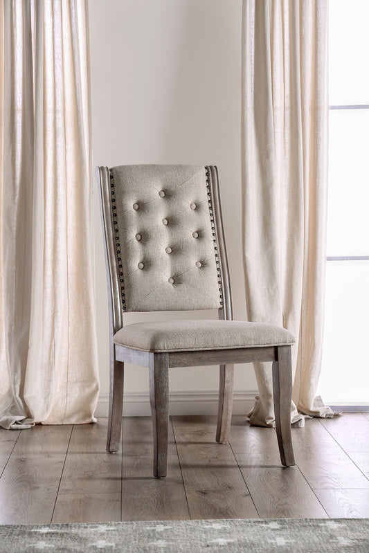 TREATLIFE HOME Set of 2 Dining Chairs with Button Tufted Back and Nailhead Trim, Rustic Natural Tone, Beige Fabric