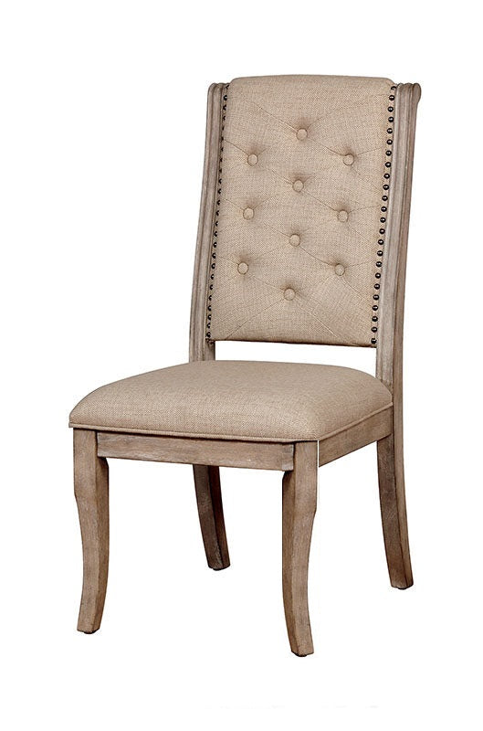 Tufted linen dining chair in natural beige with nailhead trim and distressed wood frame