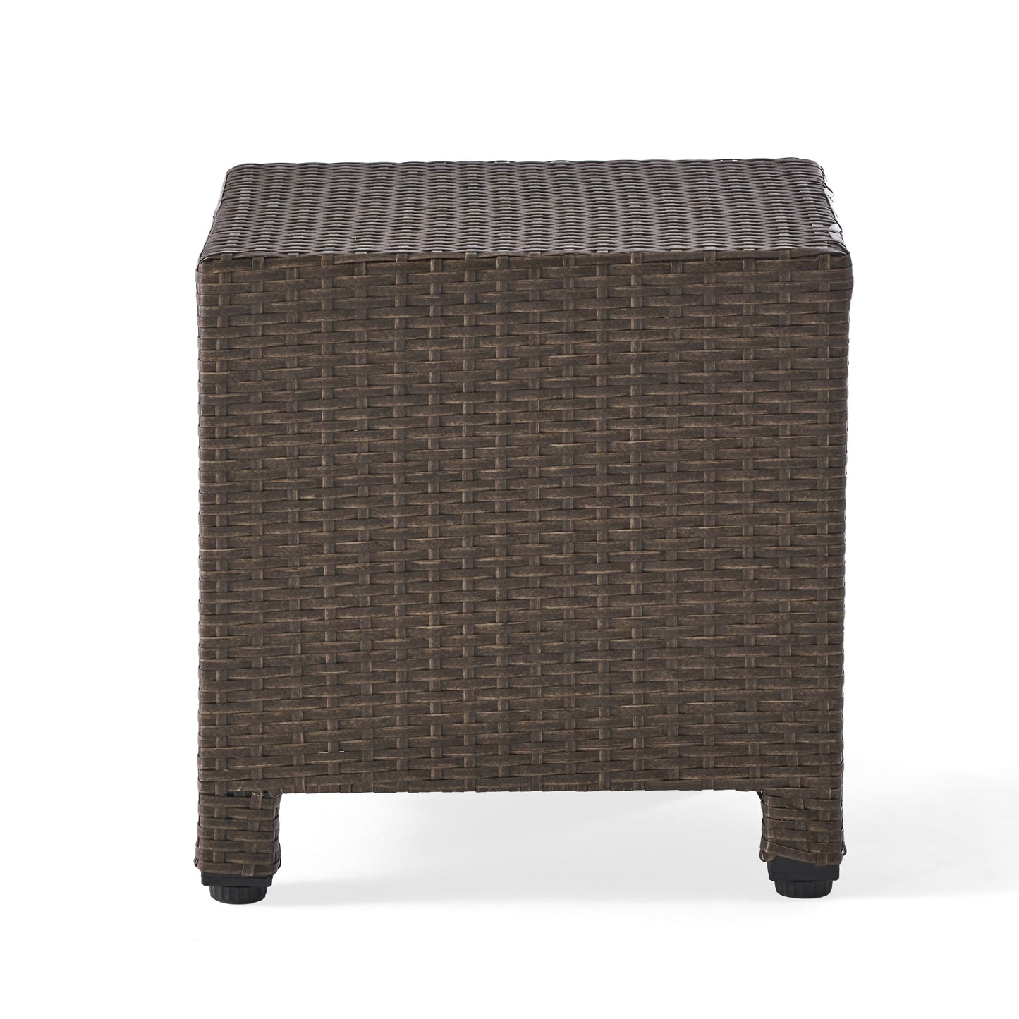 Dark brown rattan side table with woven texture and four black legs