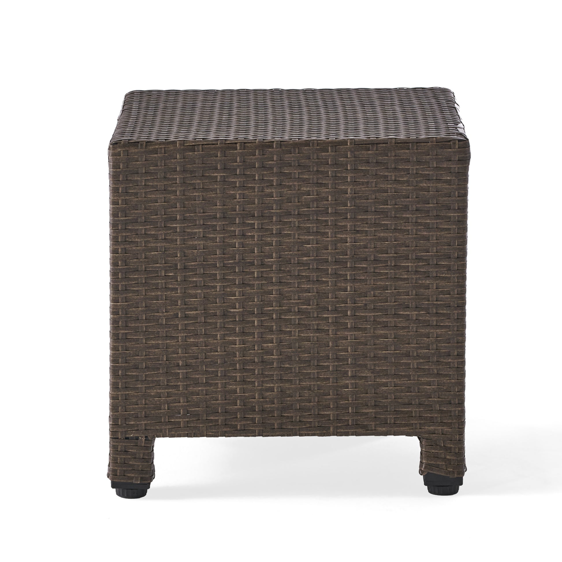 Dark brown rattan side table with woven texture and four black legs