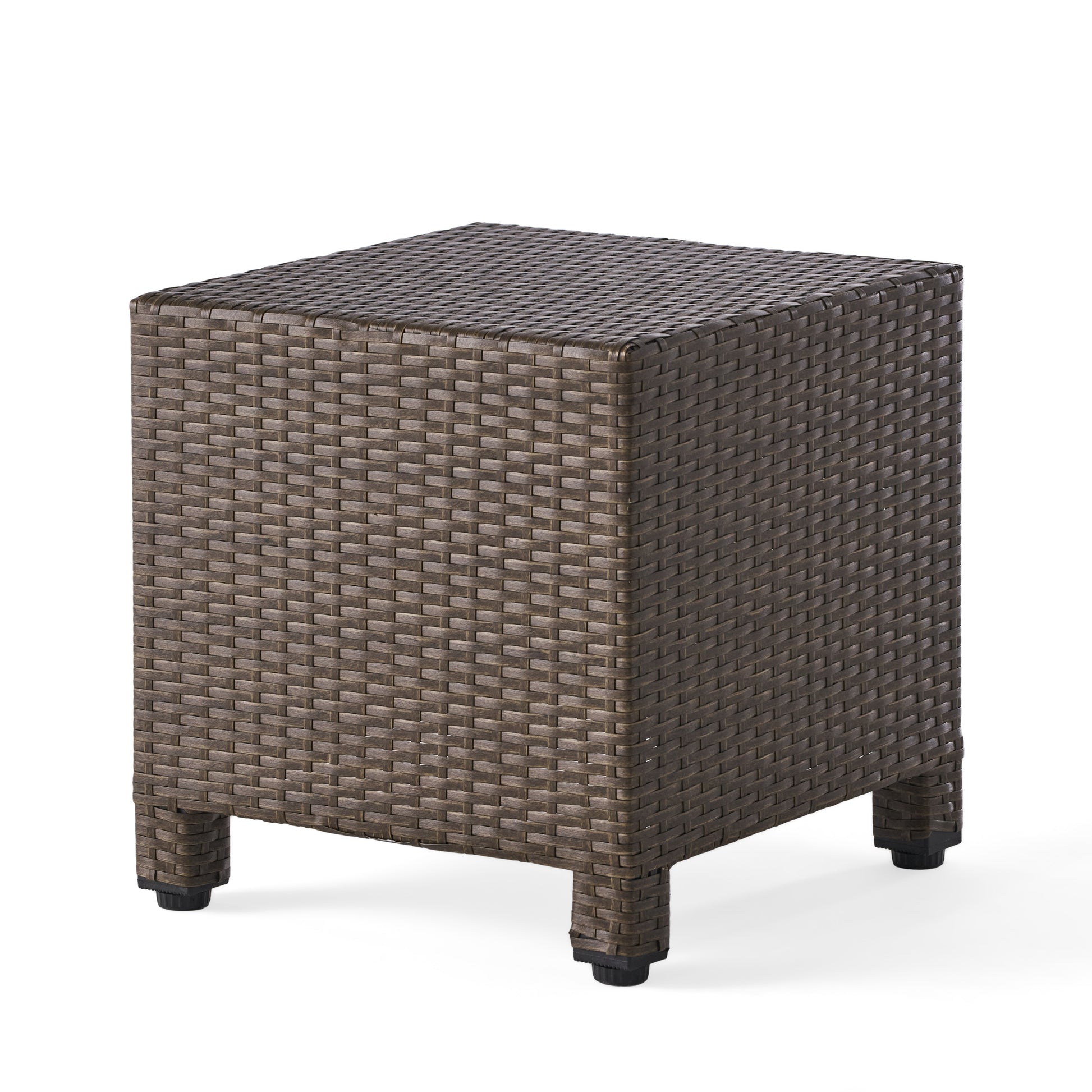 Dark brown wicker cube ottoman with a textured woven surface and four short legs