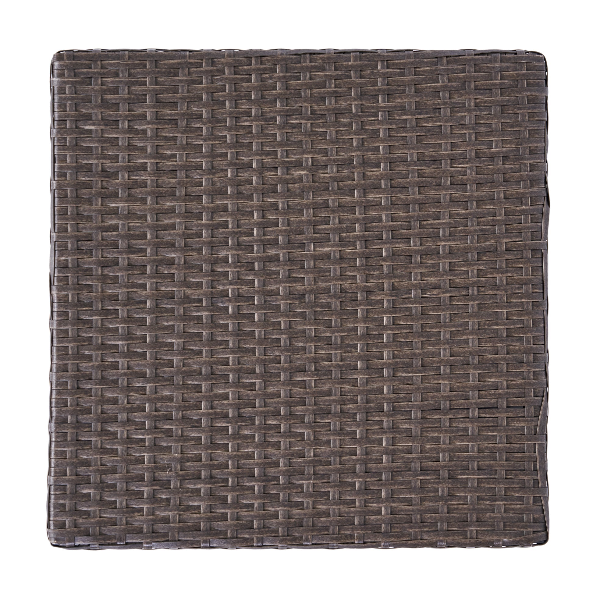 Closeup of a textured dark brown wicker weave pattern on a rectangular outdoor furniture piece